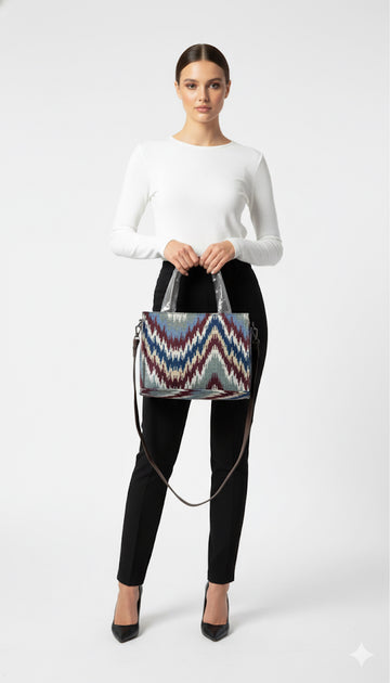 Fs44 1145 Ikat Zigzag Tapestry Tote Bag with Crossbody Strap