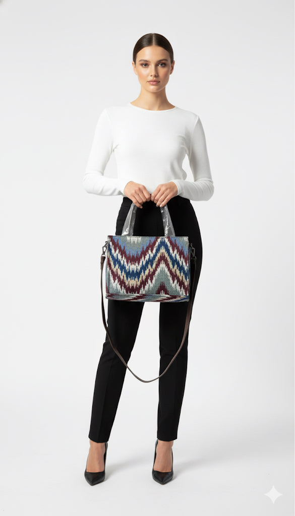 Fs44 1145 Ikat Zigzag Tapestry Tote Bag with Crossbody Strap