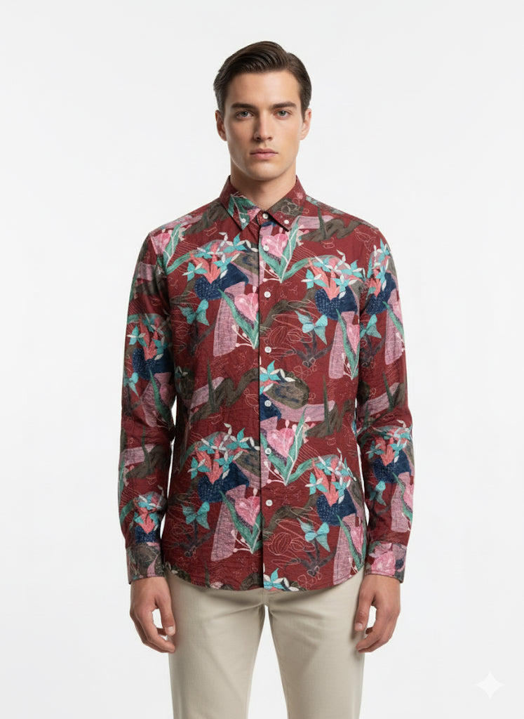 Fs44 1147  "Vibrant Tropical Print Button-Down Shirt for Men"