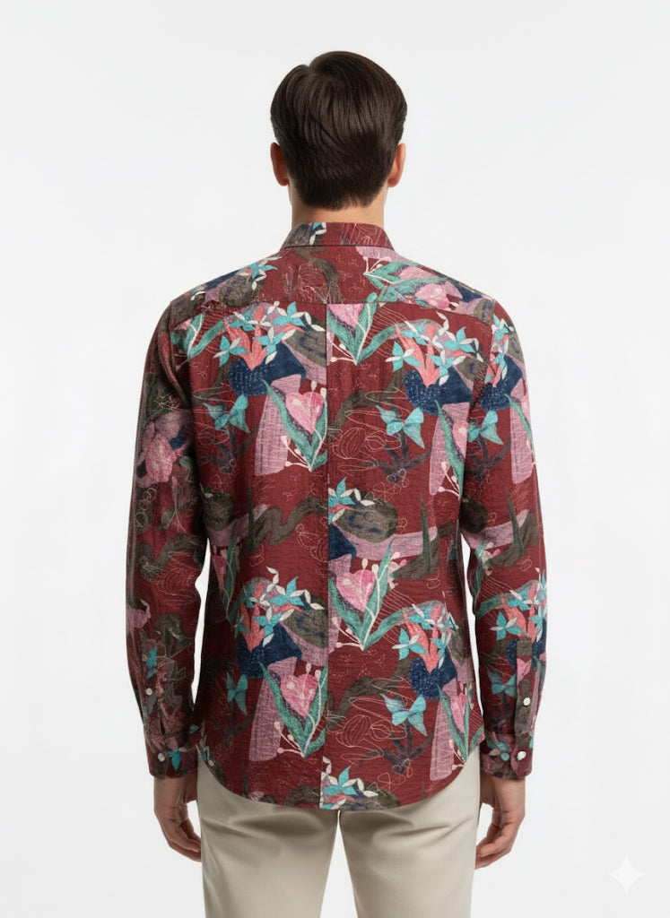 Fs44 1147  "Vibrant Tropical Print Button-Down Shirt for Men"