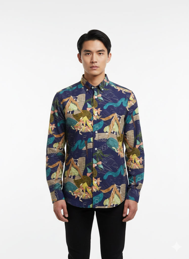 Fs44 1147  "Vibrant Tropical Print Button-Down Shirt for Men"