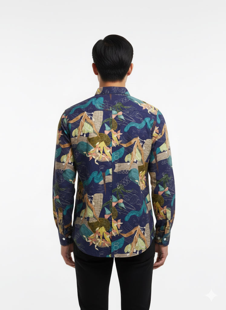 Fs44 1147  "Vibrant Tropical Print Button-Down Shirt for Men"