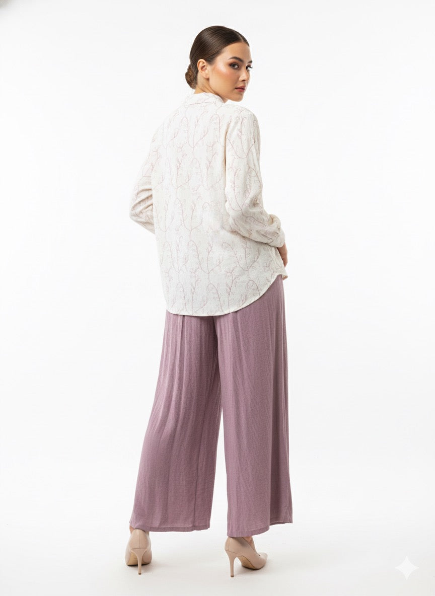 Fs44 1059 Elegant Dusty Rose Wide Leg Trousers & Delicate Willow Print Button-Up Blouse