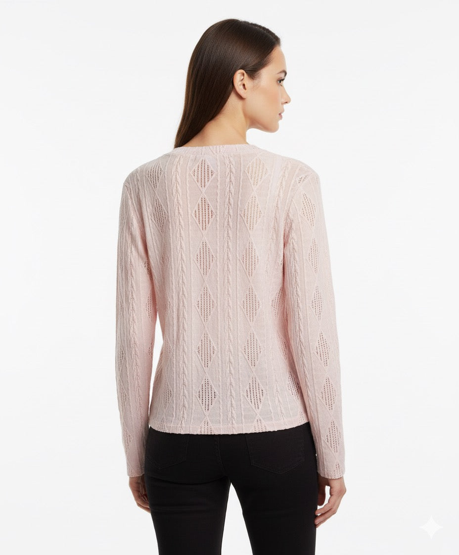 Fs44 1058 Soft Pink Long Sleeve Crewneck Sweater with Openwork Diamond Knit and Floral Neck Tie