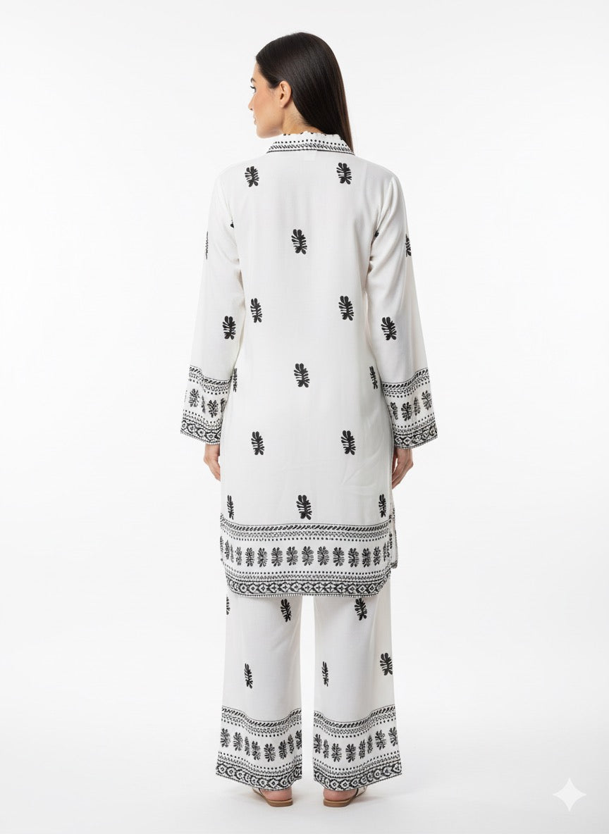 Fs44 1064 Black & White Printed Collared Shirt and Wide-Leg Pant Set
