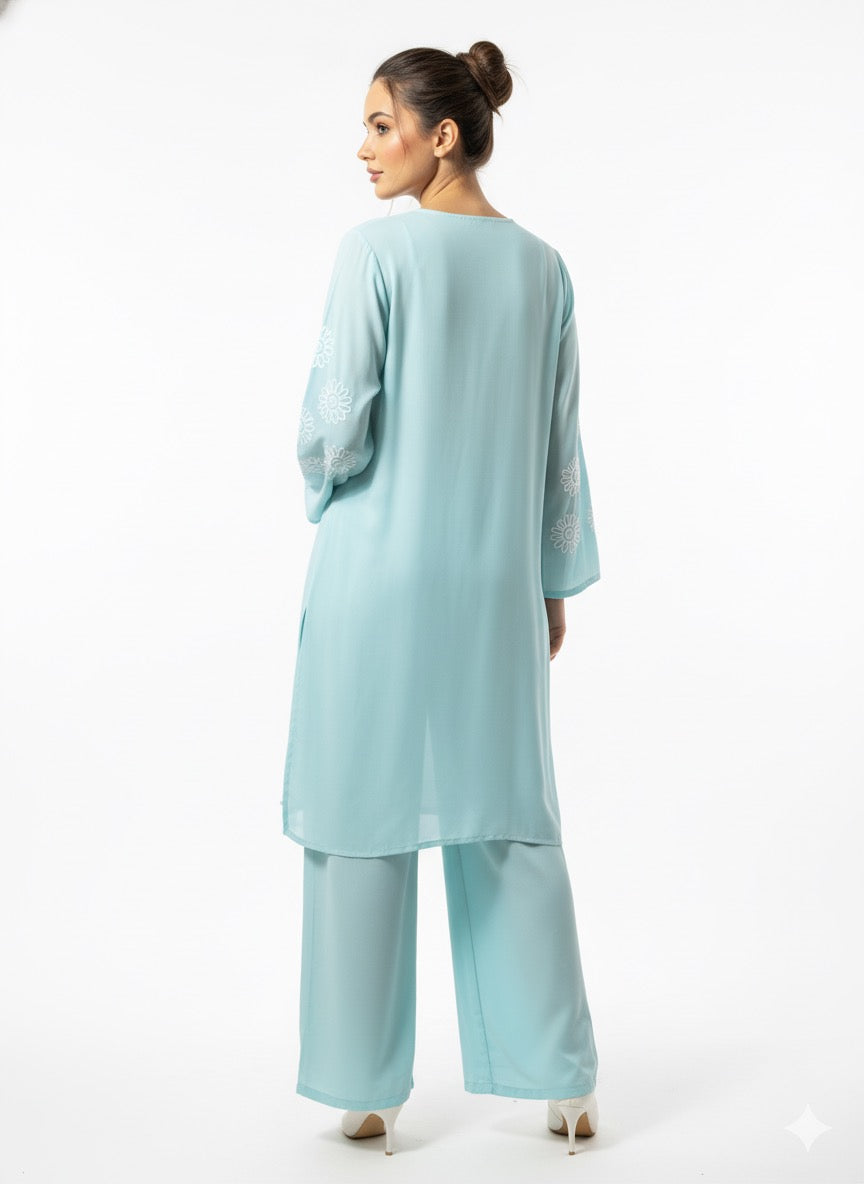 Fs44 1067 Aqua Floral Embroidered Kurta Set