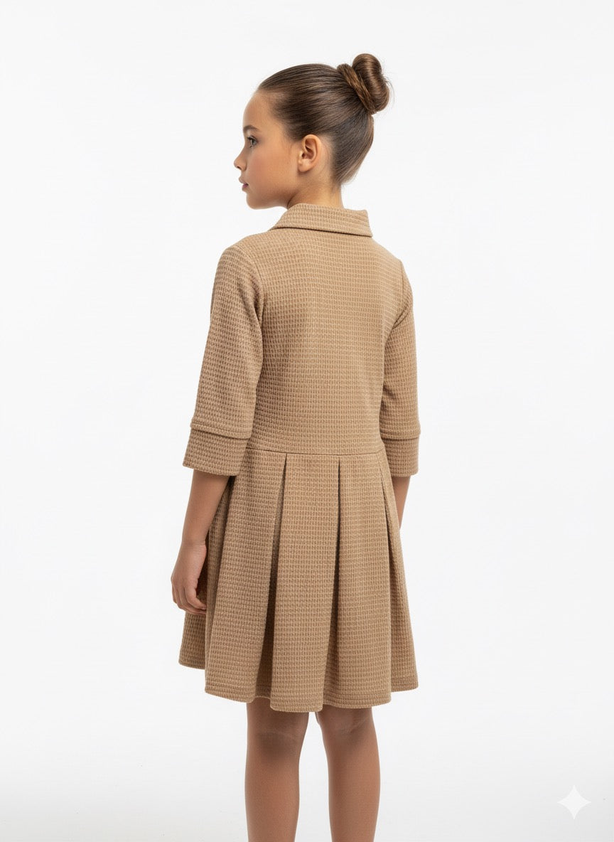 FS44 2065  Kids' Camel Texture Knit Collared Dress