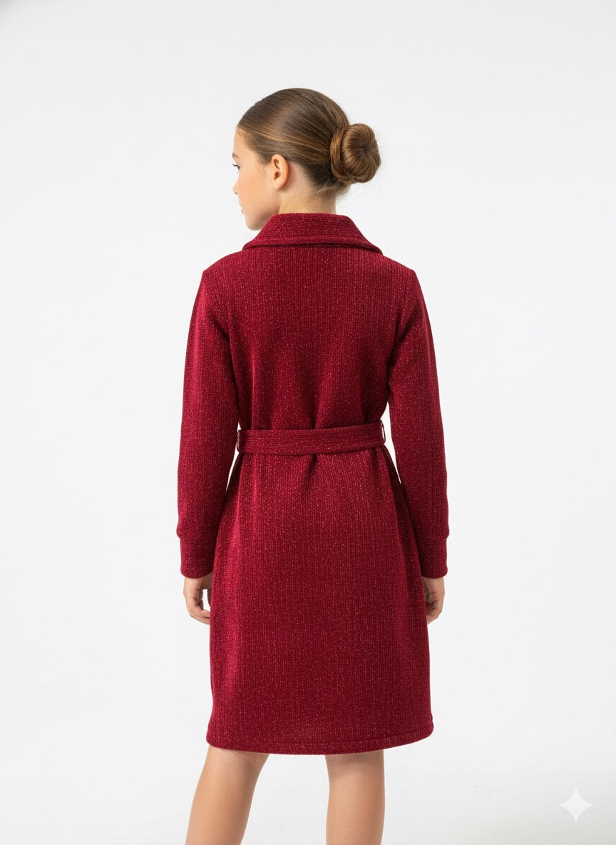 FS44 2067 Girls' Shimmering Red Belted Shirt Dress
