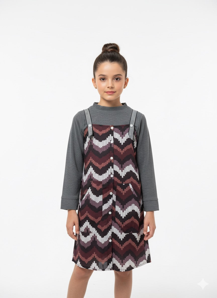 FS44 2066 Girls' Zig Zag Pattern Button-Front Pinafore Dress
