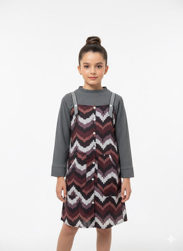 FS44 2066 Girls' Zig Zag Pattern Button-Front Pinafore Dress