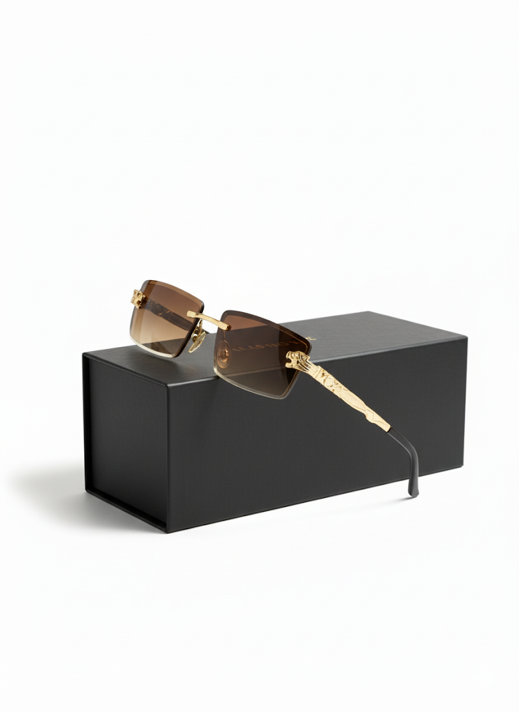 FS44 2007  Rimless Rectangle Sunglasses with Gold Panther Head Detail