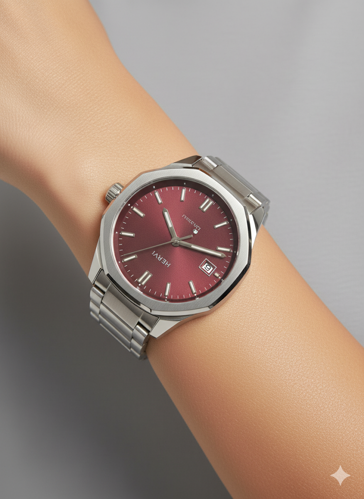 Fs44 1017 Octagonal Bezel Unisex Watch | Stainless Steel & Burgundy Dial
