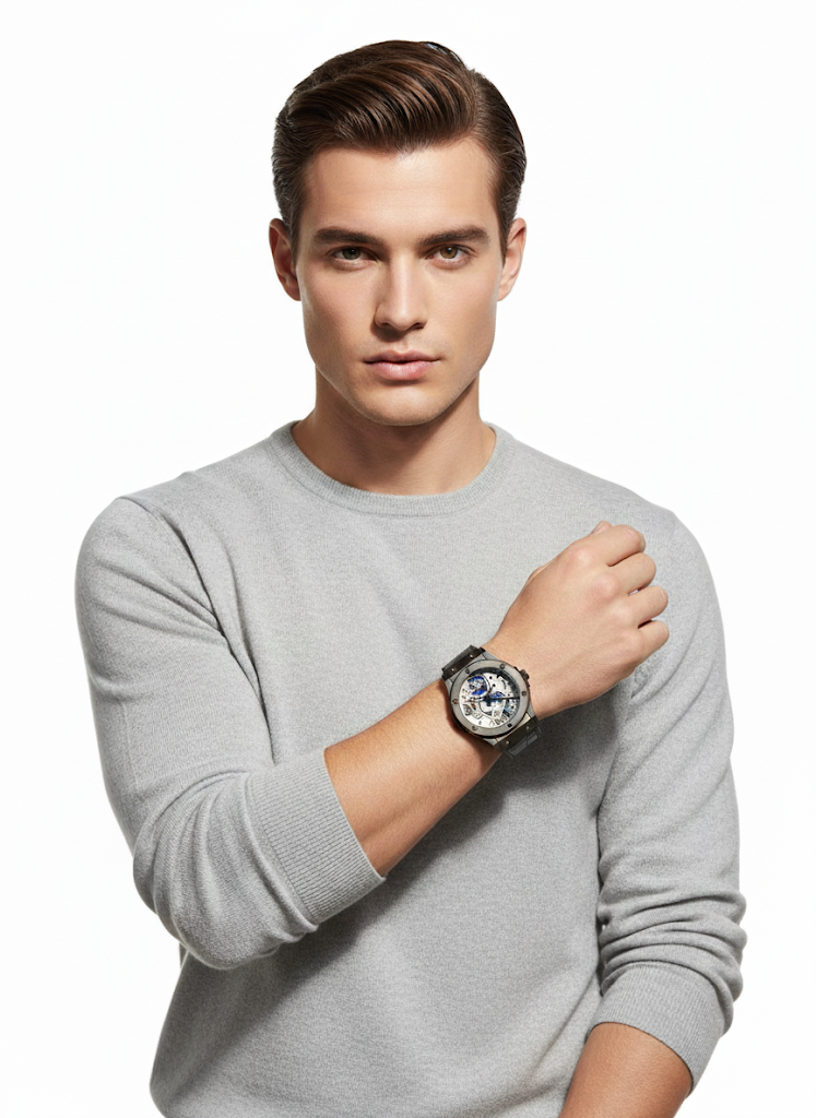 Fs44 1021 Men's Luxury Skeleton Watch with Blue Accents and Leather Strap