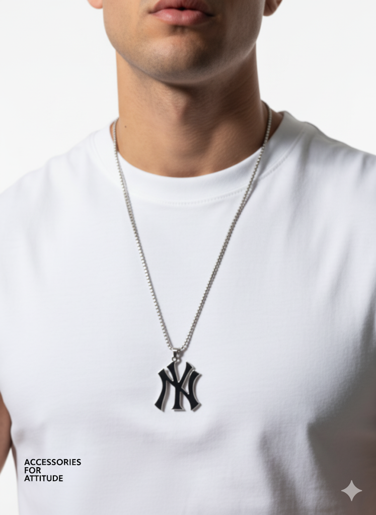 Fs44 1035 Silver-Tone NY Logo Pendant Necklace - Enamel Initial Pendant on Box Chain