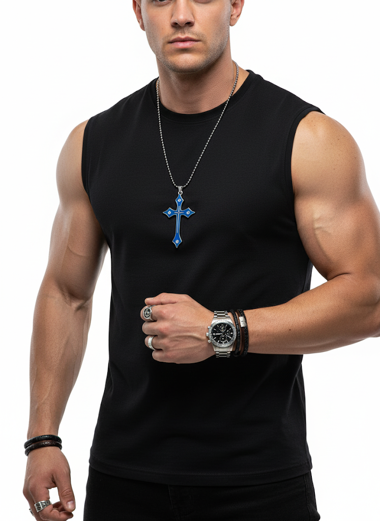 Fs44 1034 Blue Enamel Gothic Cross Necklace with Crystal Accents - Ball Chain