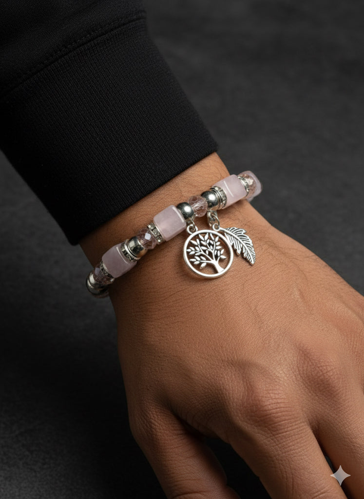 Fs44 1077  Rose Quartz Beaded Bracelet with Tree of Life & Feather Charms