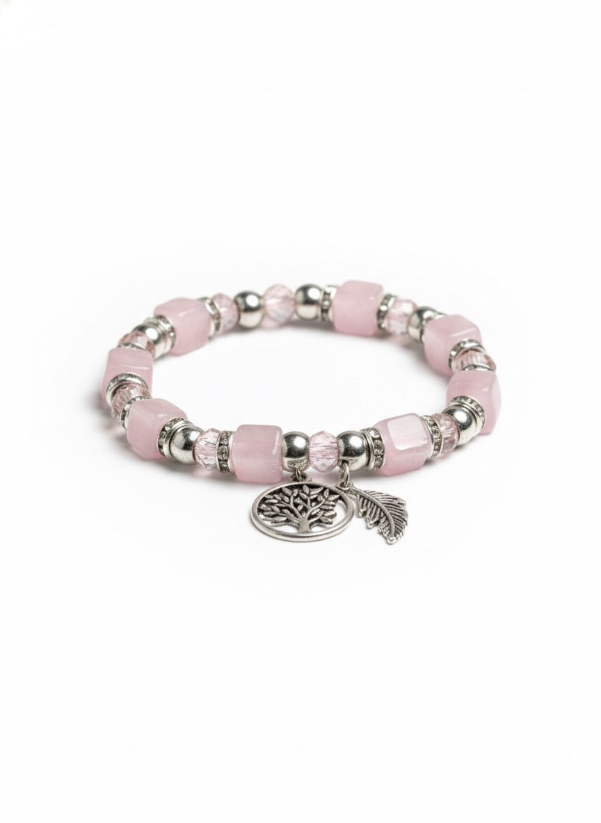 Fs44 1077  Rose Quartz Beaded Bracelet with Tree of Life & Feather Charms