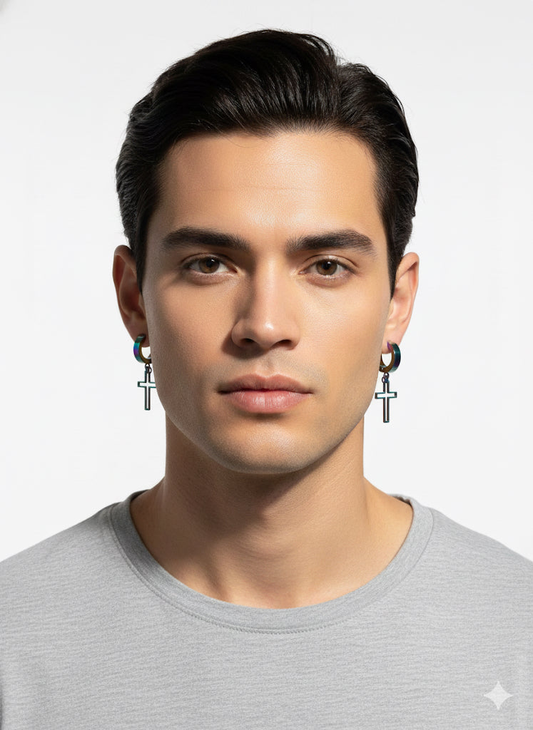 Fs44 1091  Men's Iridescent Blue-Green Cross Dangle Hoop Earring