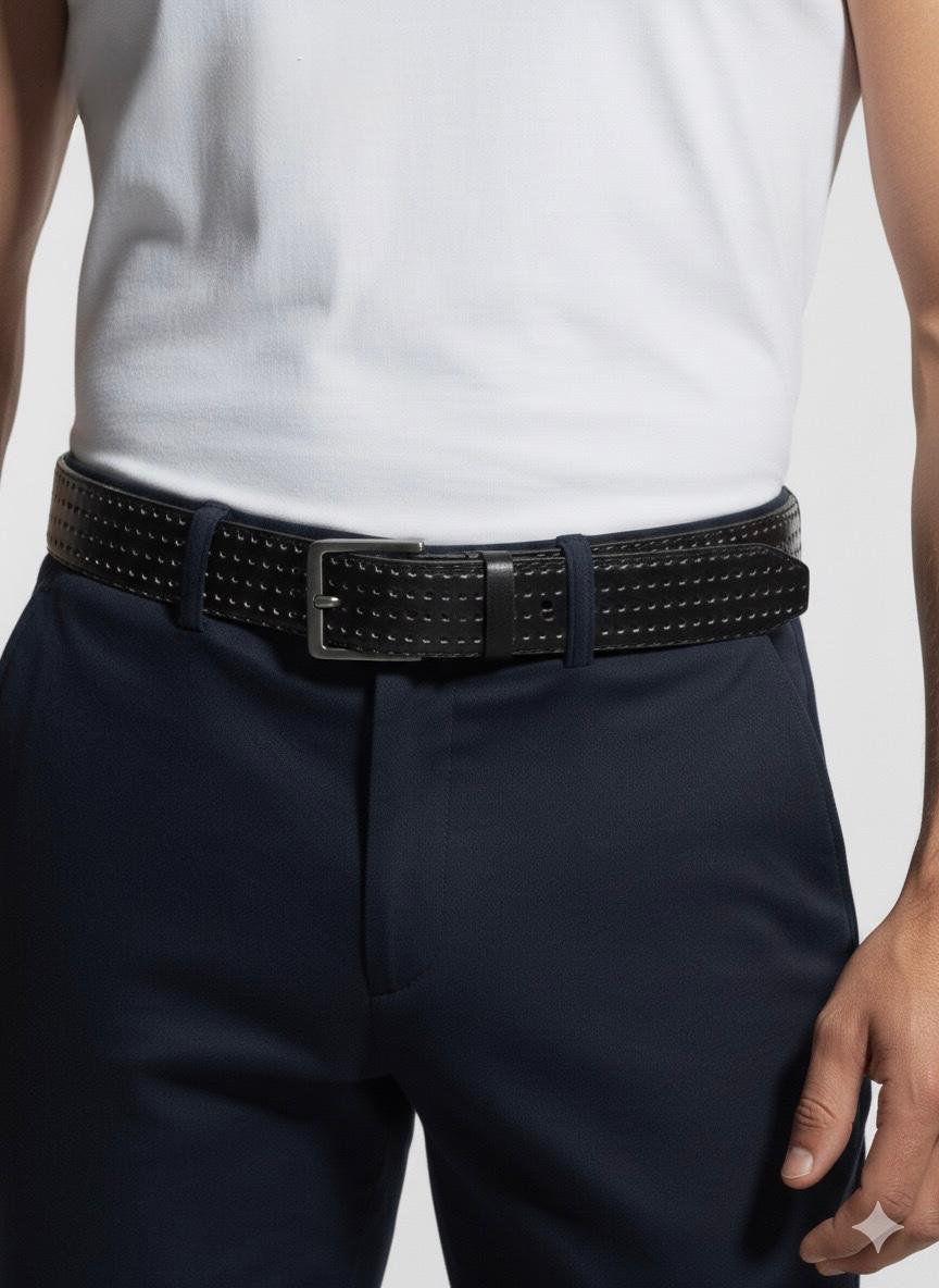 FS44 2037   Men's Black Perforated Leather Belt with Metal Buckle