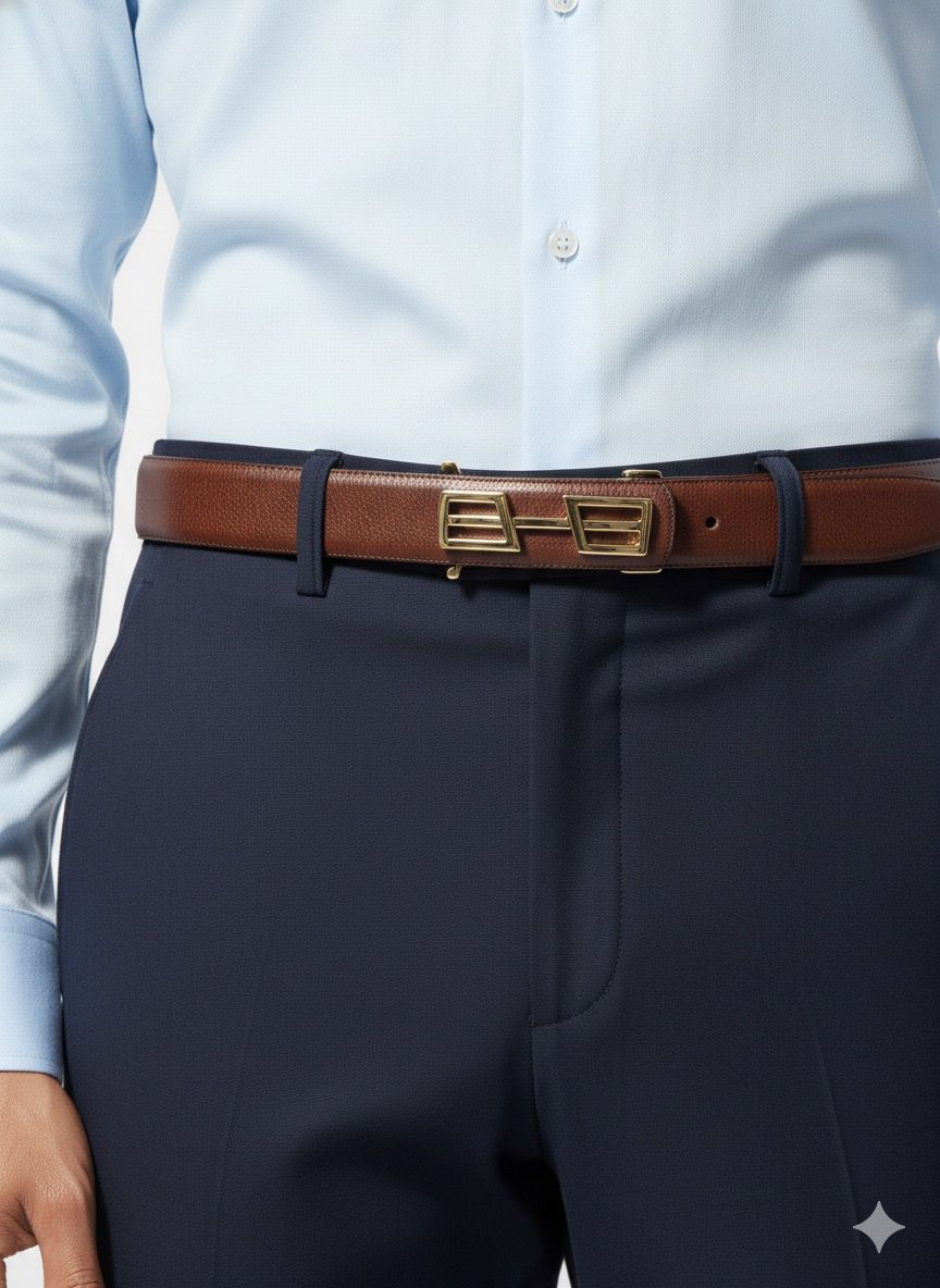 FS44 2038 Brown Leather Belt with Gold-Toned Monogram Buckle for Men